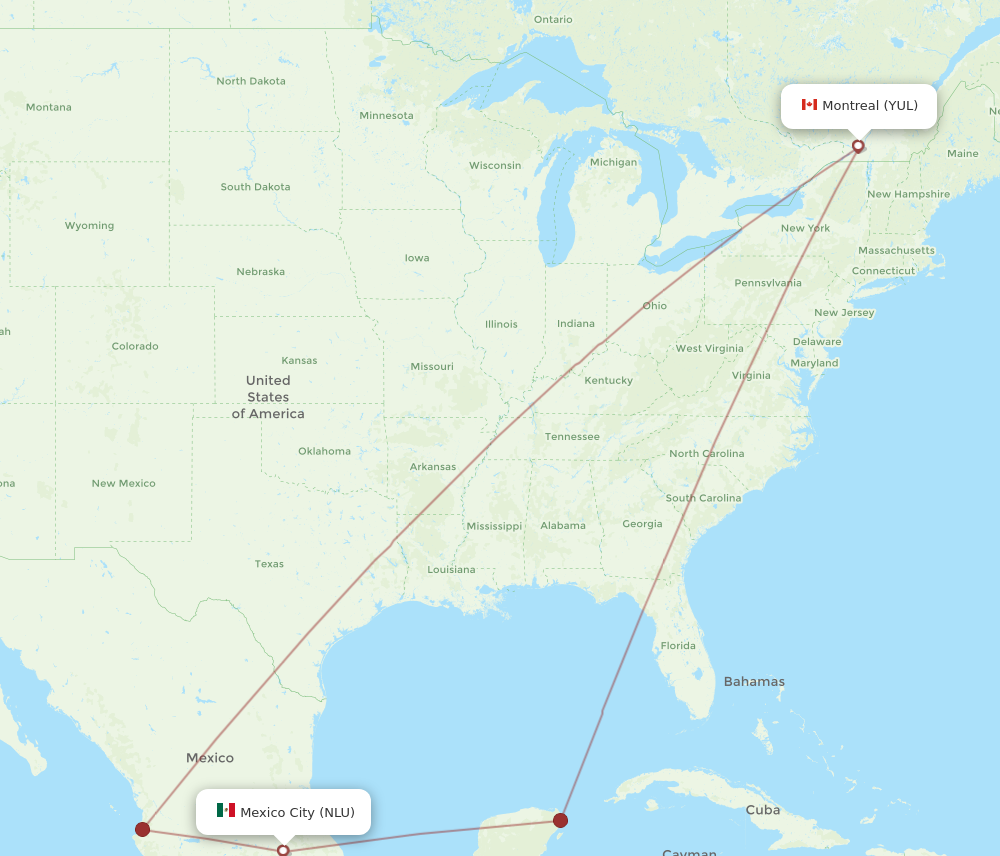 NLU to YUL flights and routes map