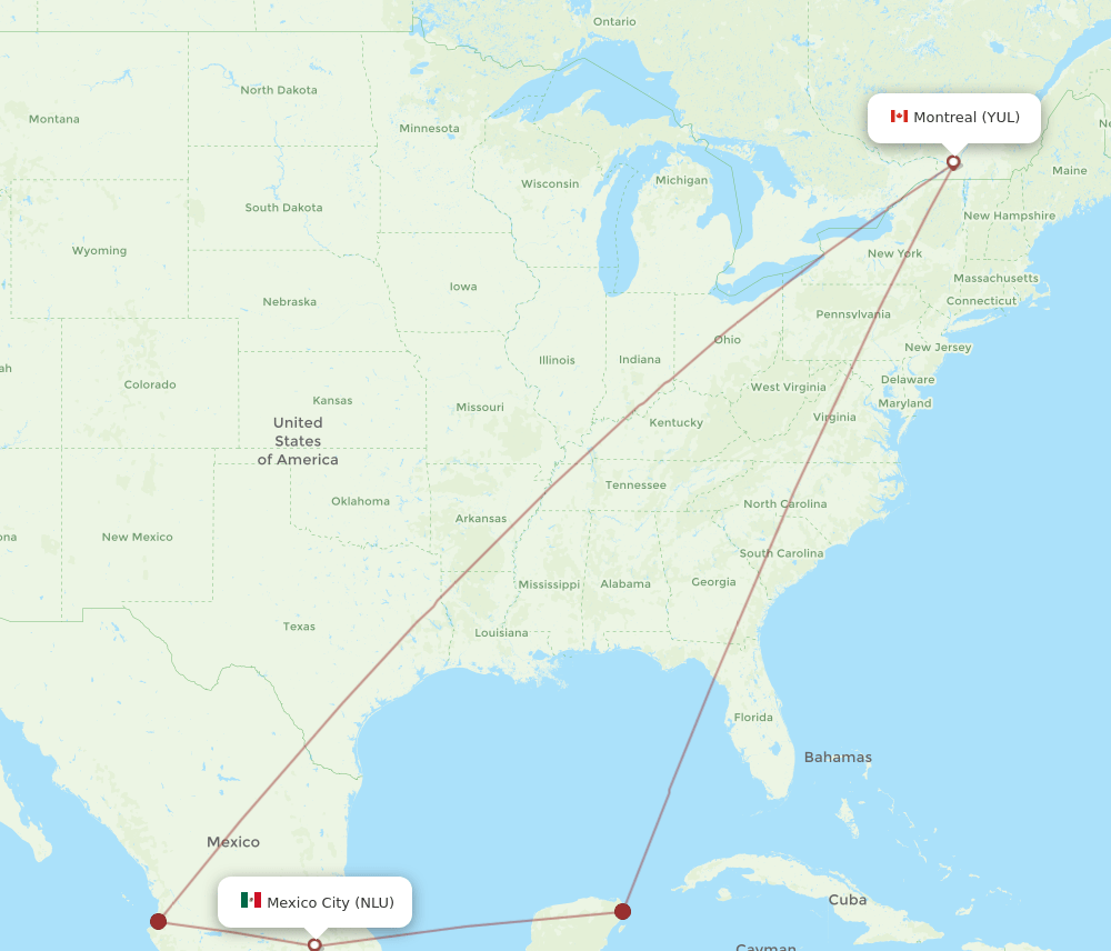 NLU to YUL flights and routes map