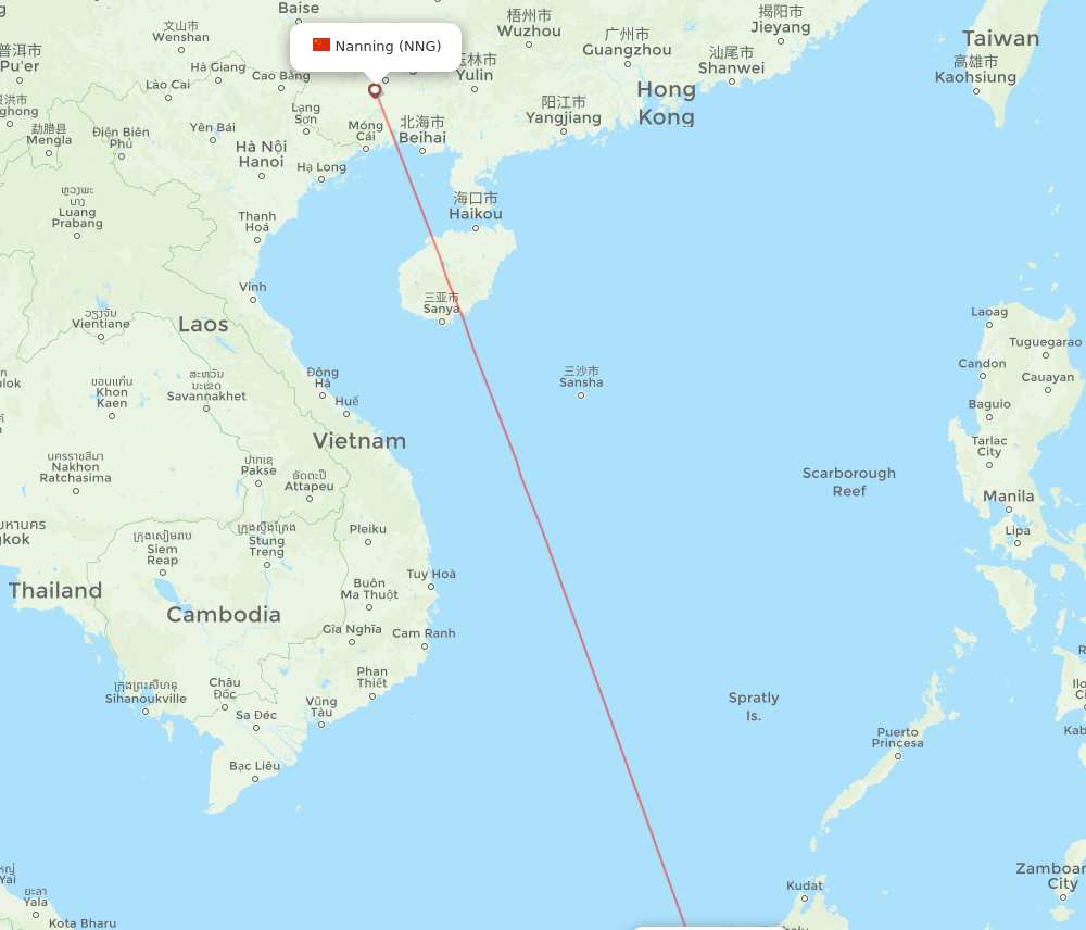 Nanning - Bandar Seri Begawan route map and flight paths