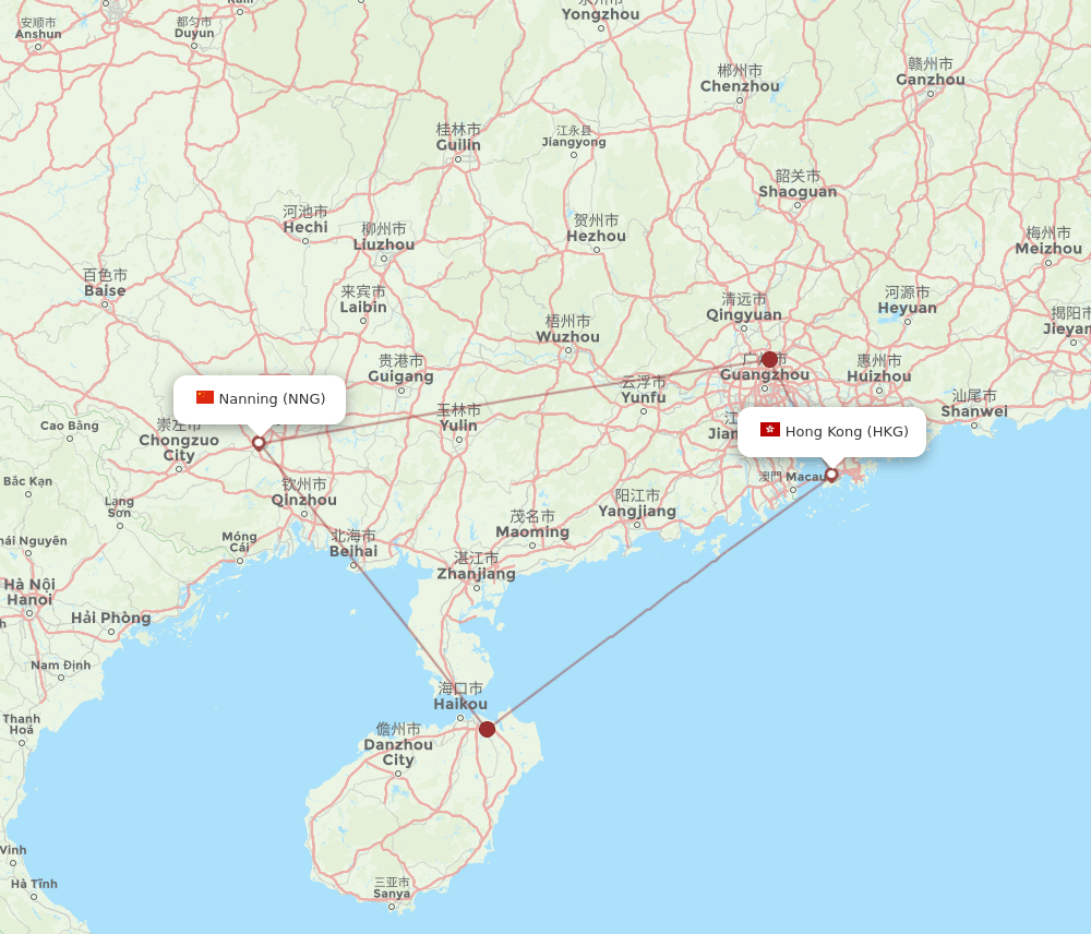 Hong Kong - Nanning route map and flight paths