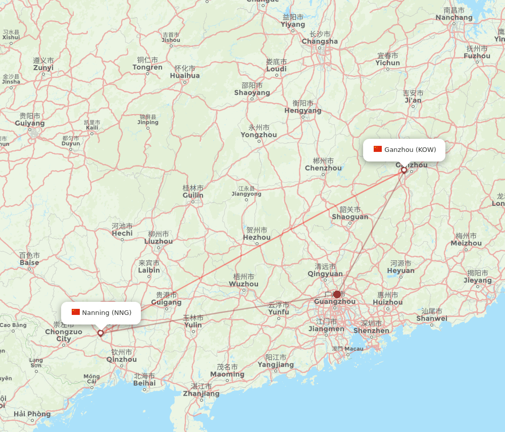 Nanning - Ganzhou route map and flight paths