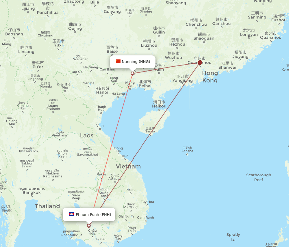 Phnom Penh - Nanning route map and flight paths