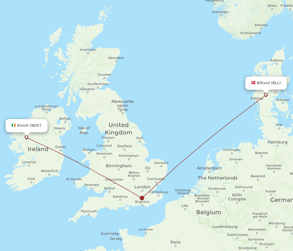 NOC to BLL flights and routes map