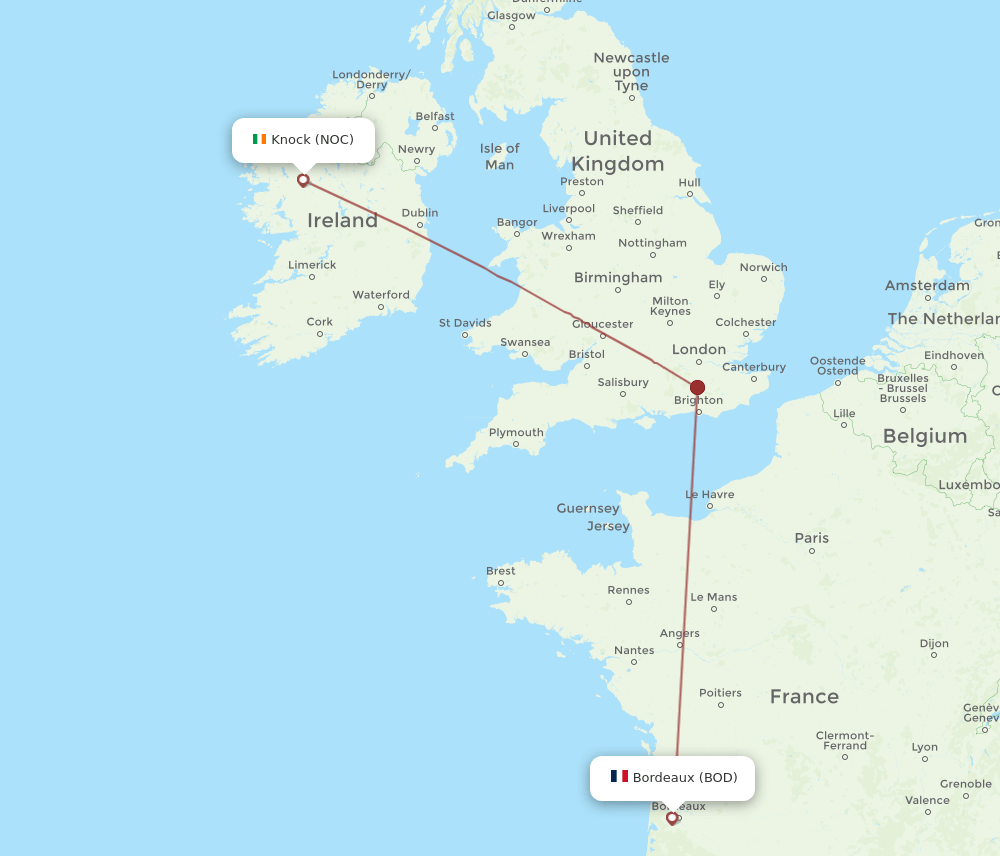 NOC to BOD flights and routes map