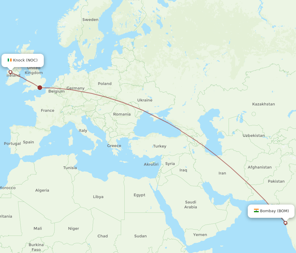 NOC to BOM flights and routes map