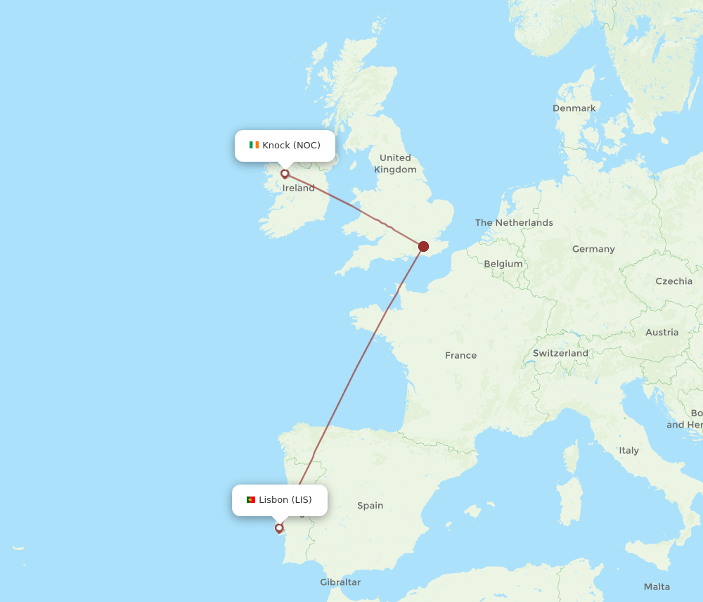 NOC to LIS flights and routes map