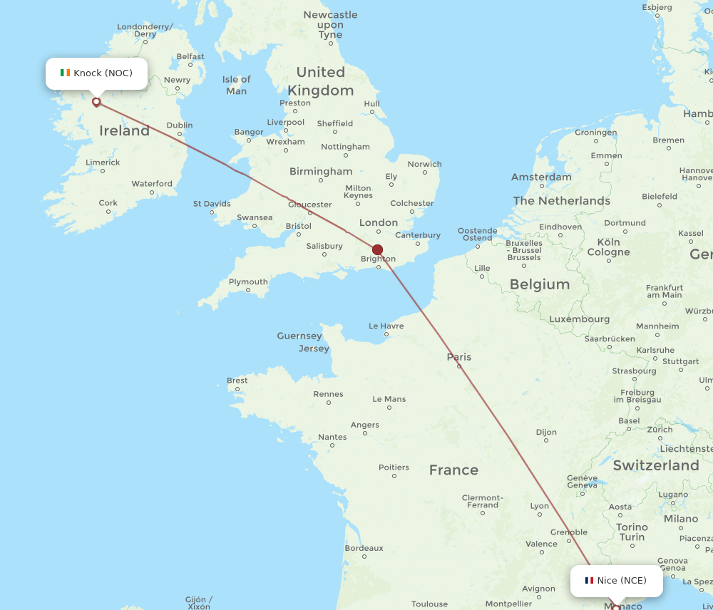 NOC to NCE flights and routes map