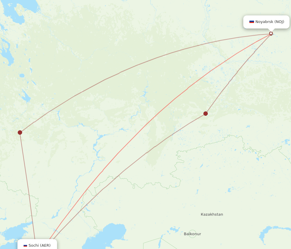 Nojabrxsk - Adler/Sochi route map and flight paths