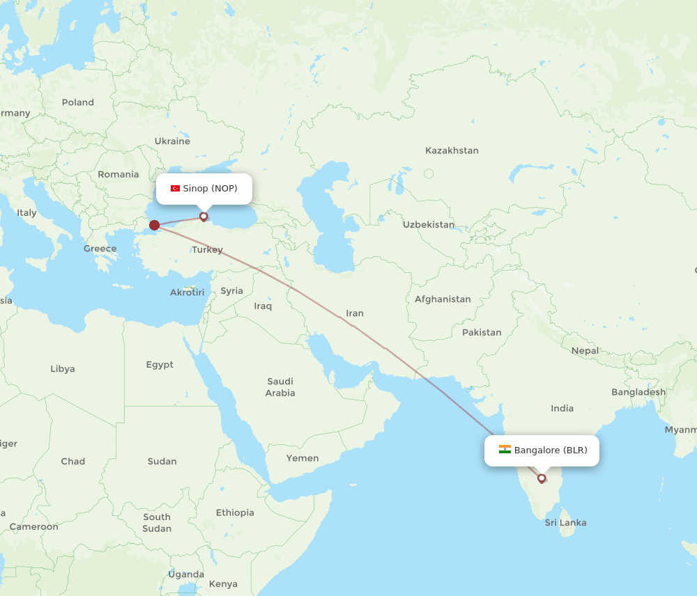 Sinop - Bengaluru route map and flight paths