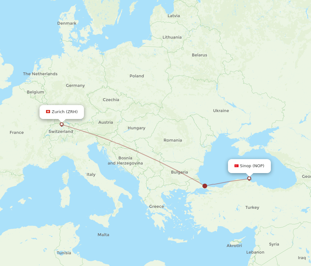 Zurich - Sinop route map and flight paths