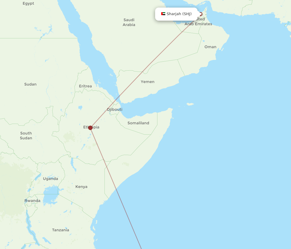 Sharjah - Nossi-be route map and flight paths