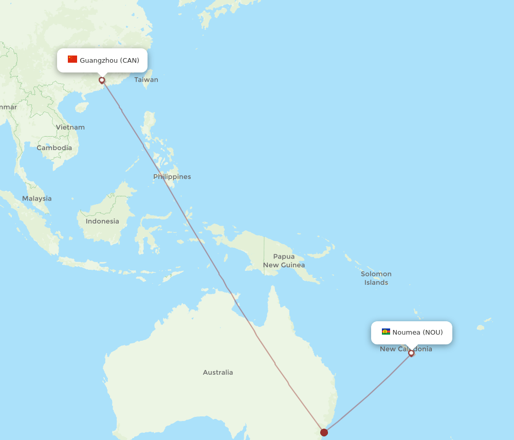 Guangzhou - Noumea route map and flight paths