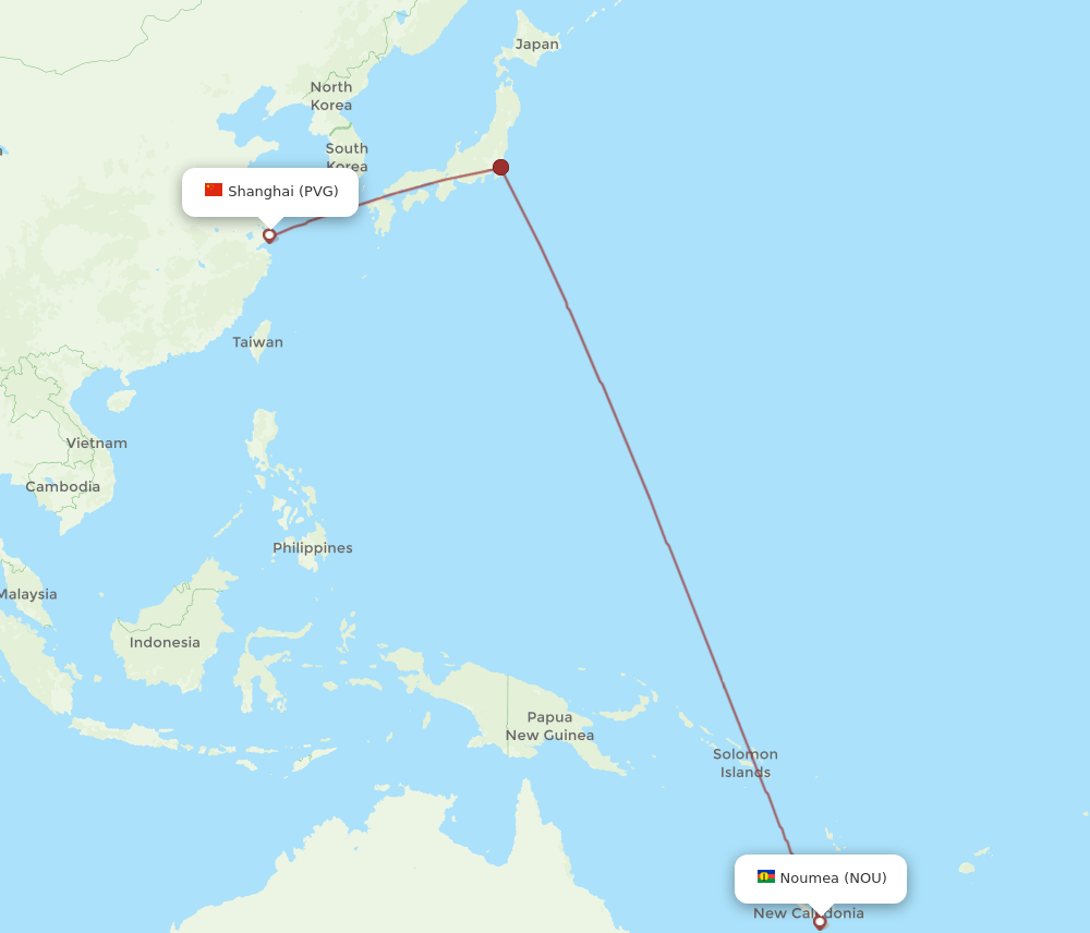 Shanghai - Noumea route map and flight paths