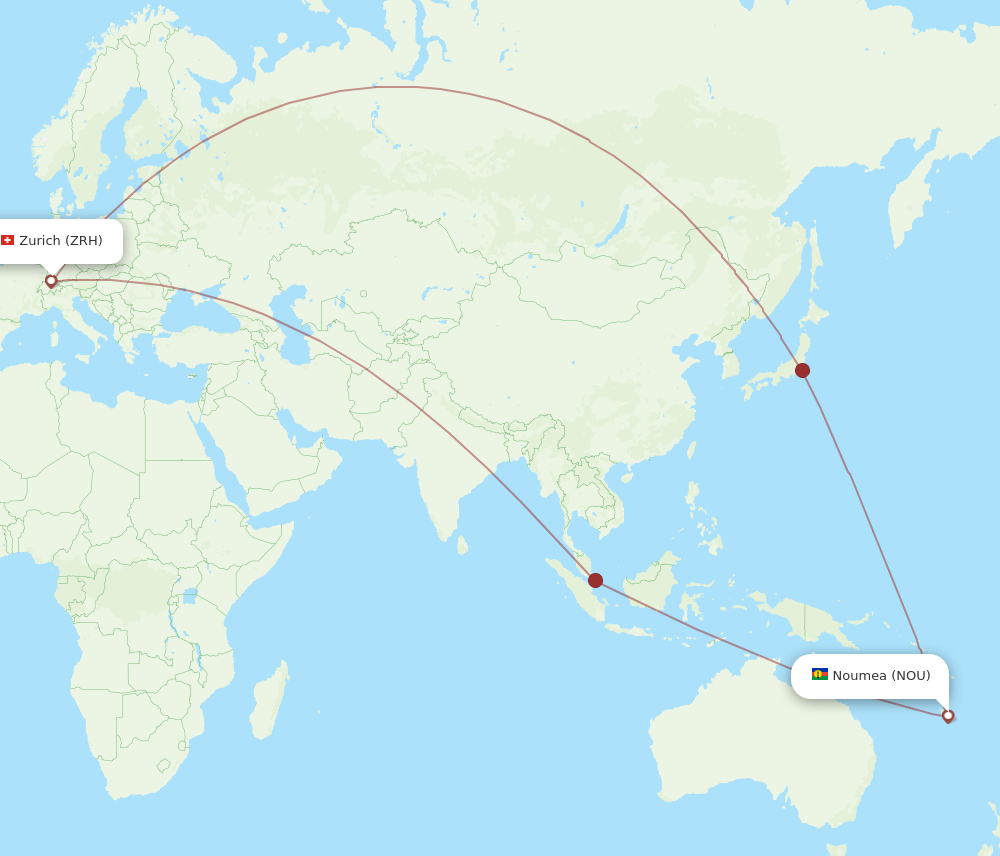 Zurich - Noumea route map and flight paths