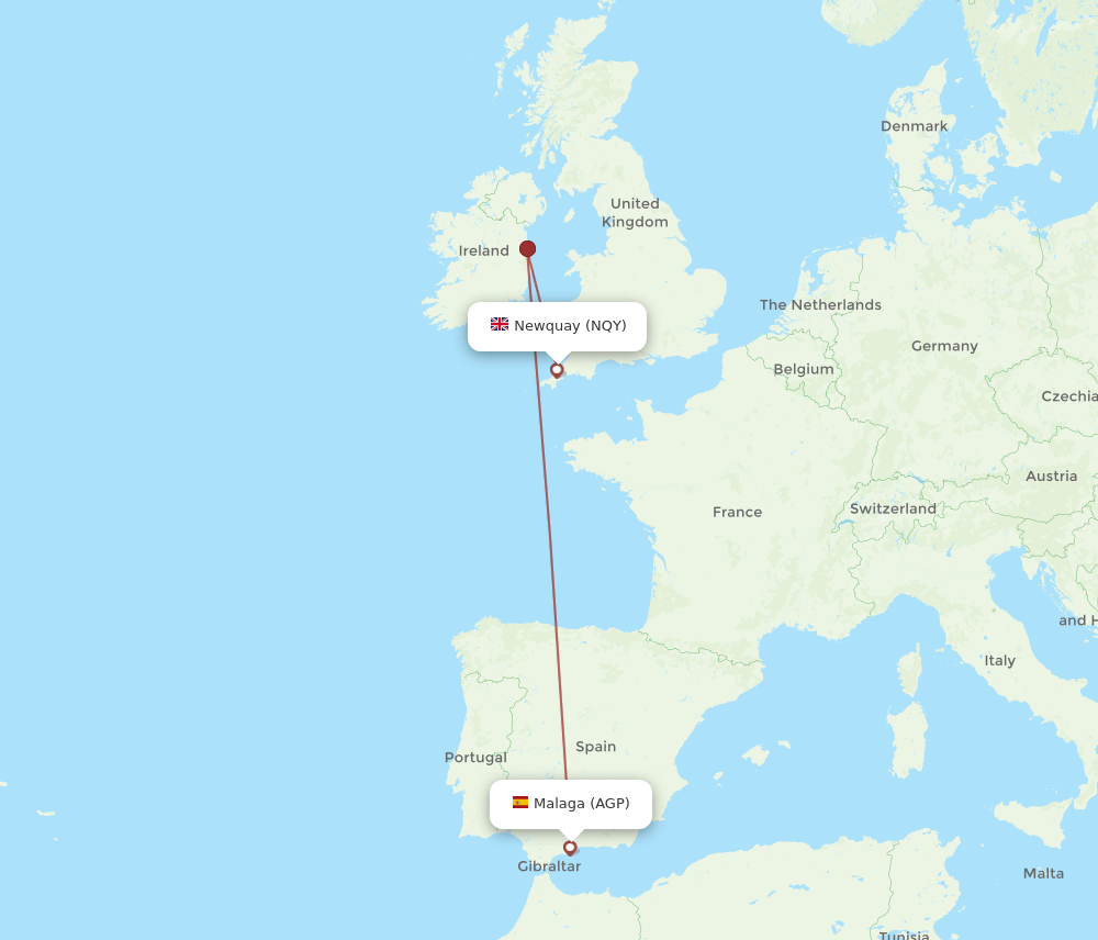 Malaga - Newquay route map and flight paths