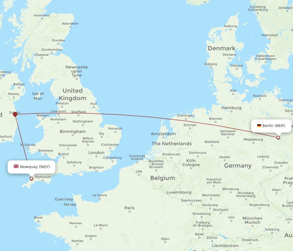 Berlin - Newquay route map and flight paths