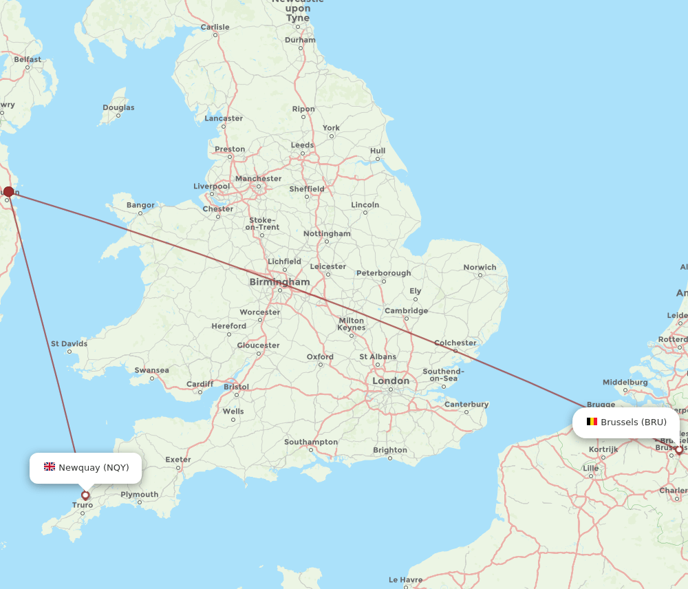Brussels - Newquay route map and flight paths
