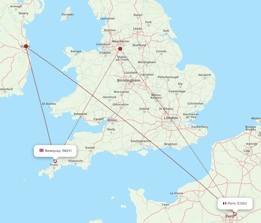 NQY to CDG flights and routes map