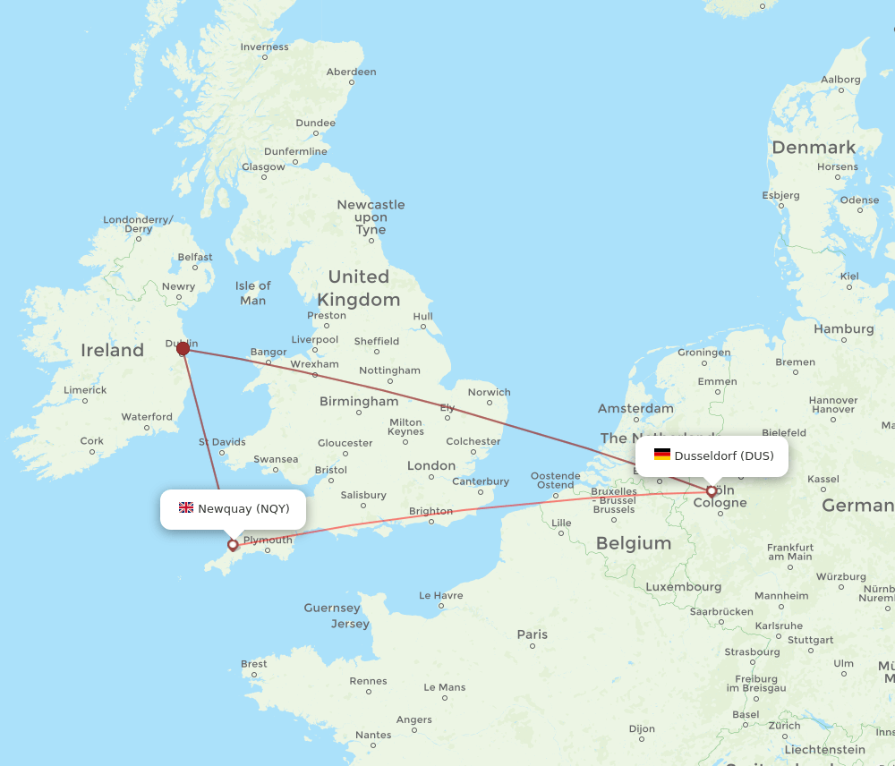 NQY-DUS flight routes