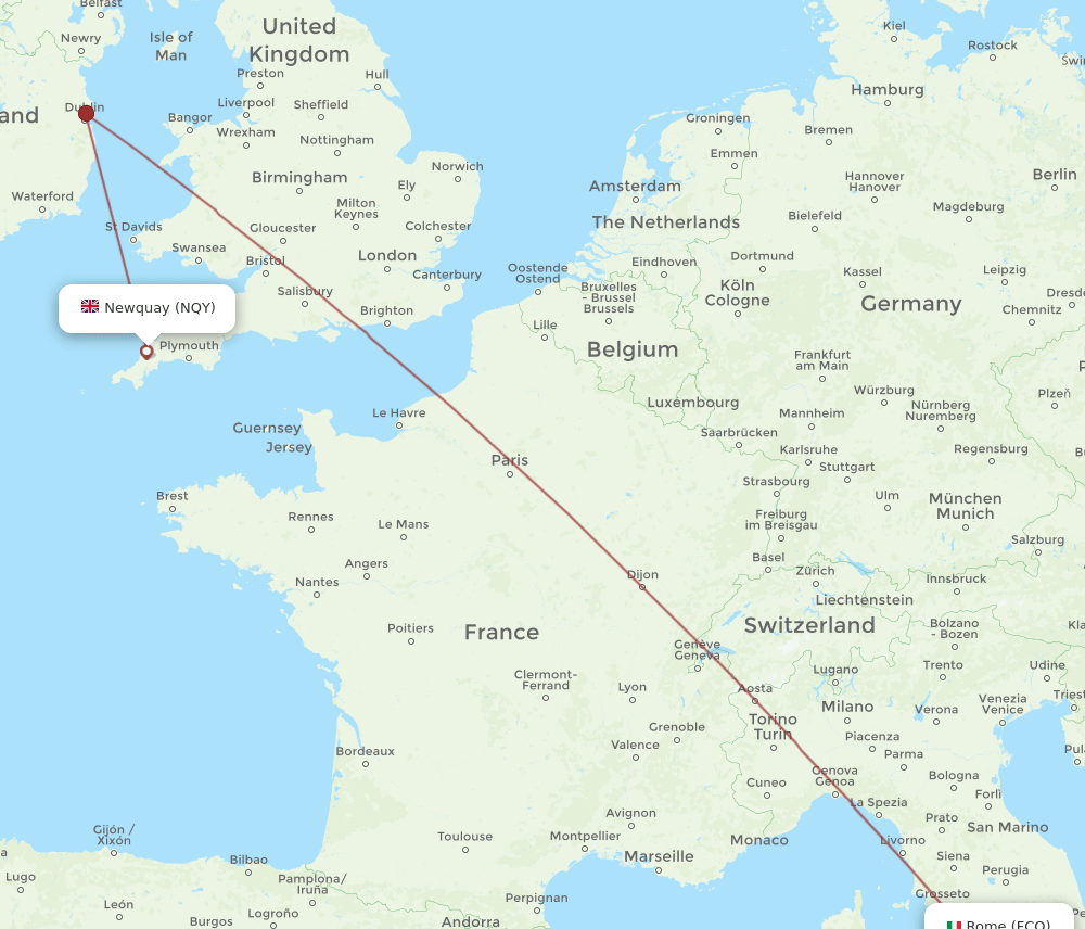 Rome - Newquay route map and flight paths