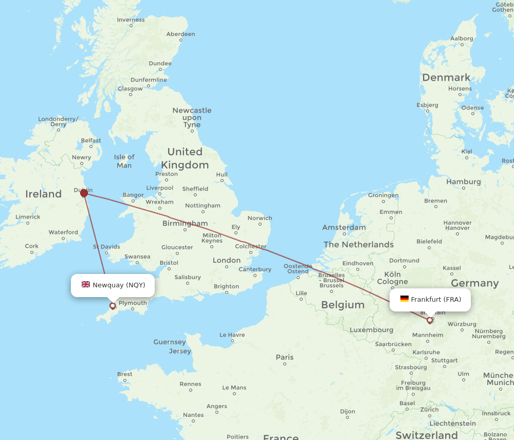 NQY to FRA flights and routes map