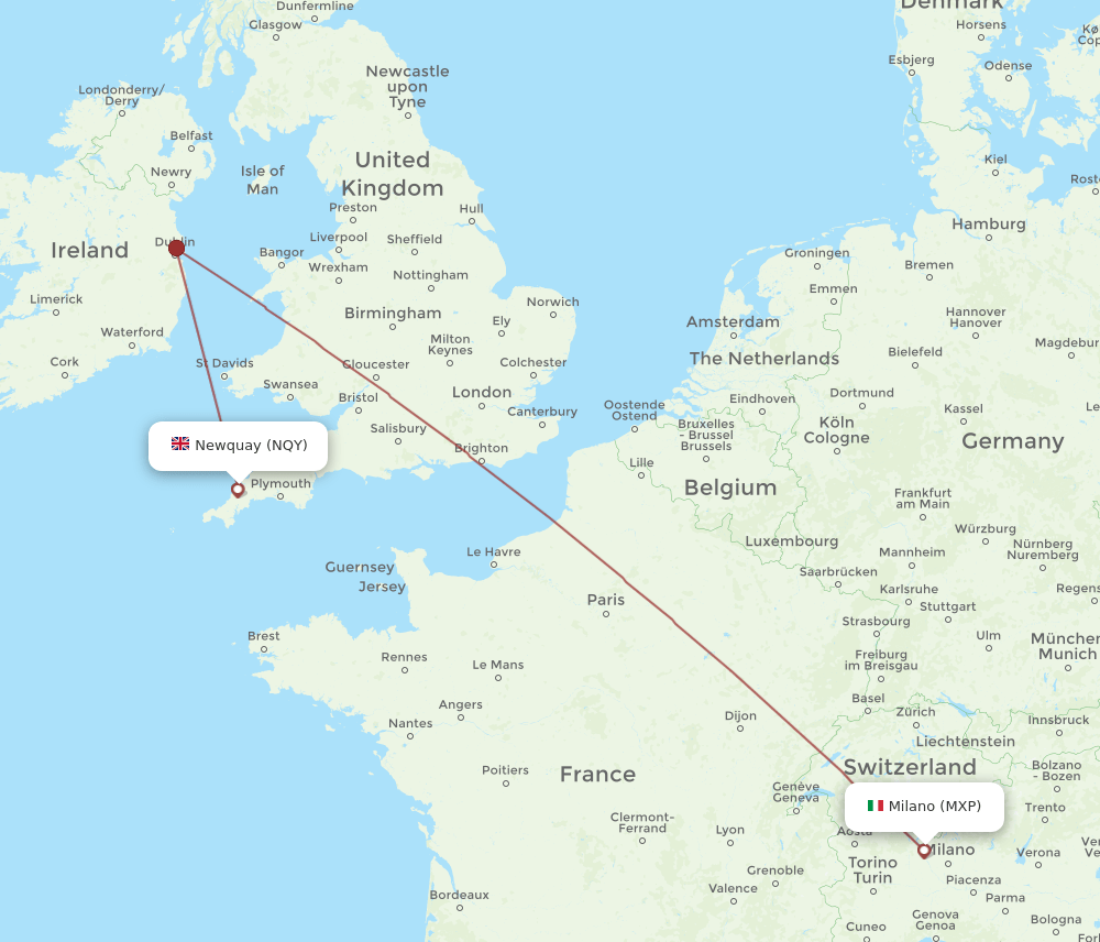 Milan - Newquay route map and flight paths