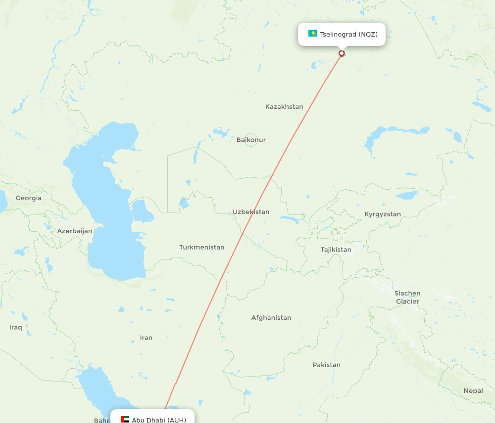 Astana - Abu Dhabi route map and flight paths