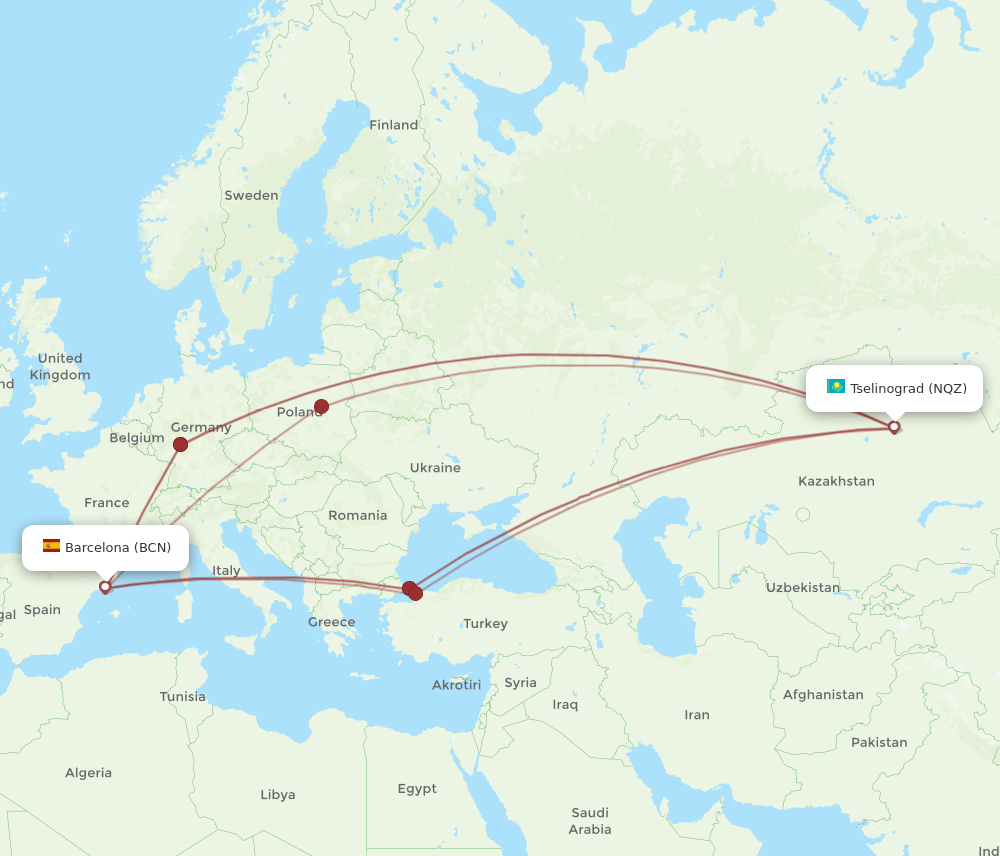 NQZ-BCN flight routes