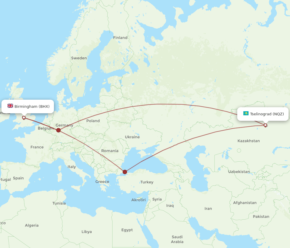 NQZ-BHX flight routes