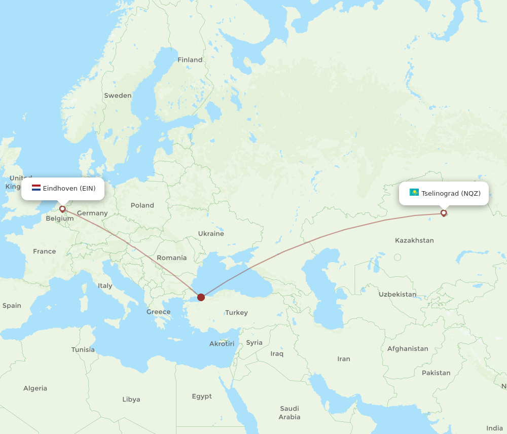 Eindhoven - Astana route map and flight paths