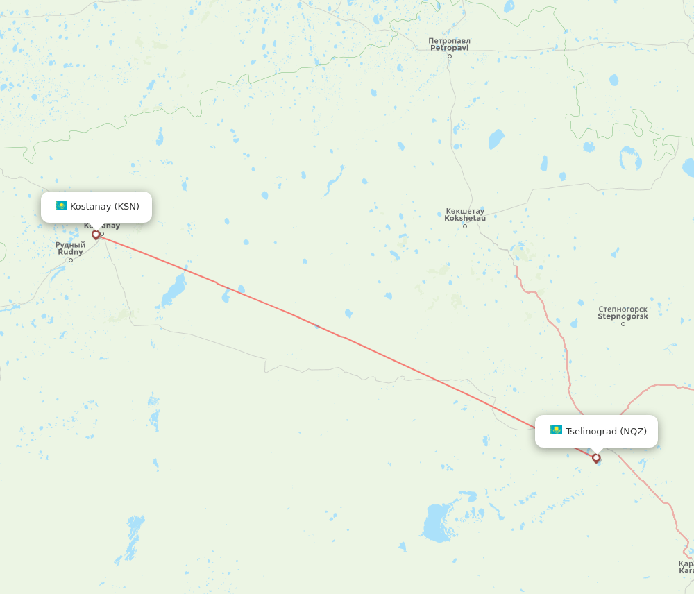 Astana - Kostanay route map and flight paths