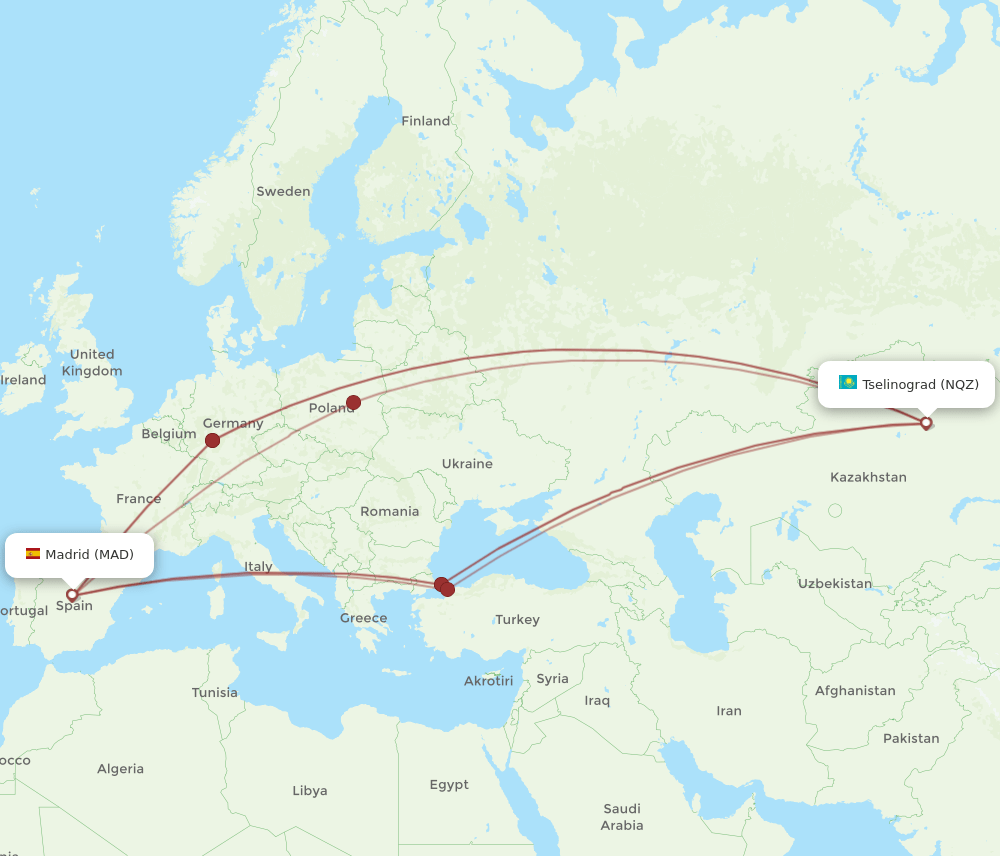 NQZ-MAD flight routes