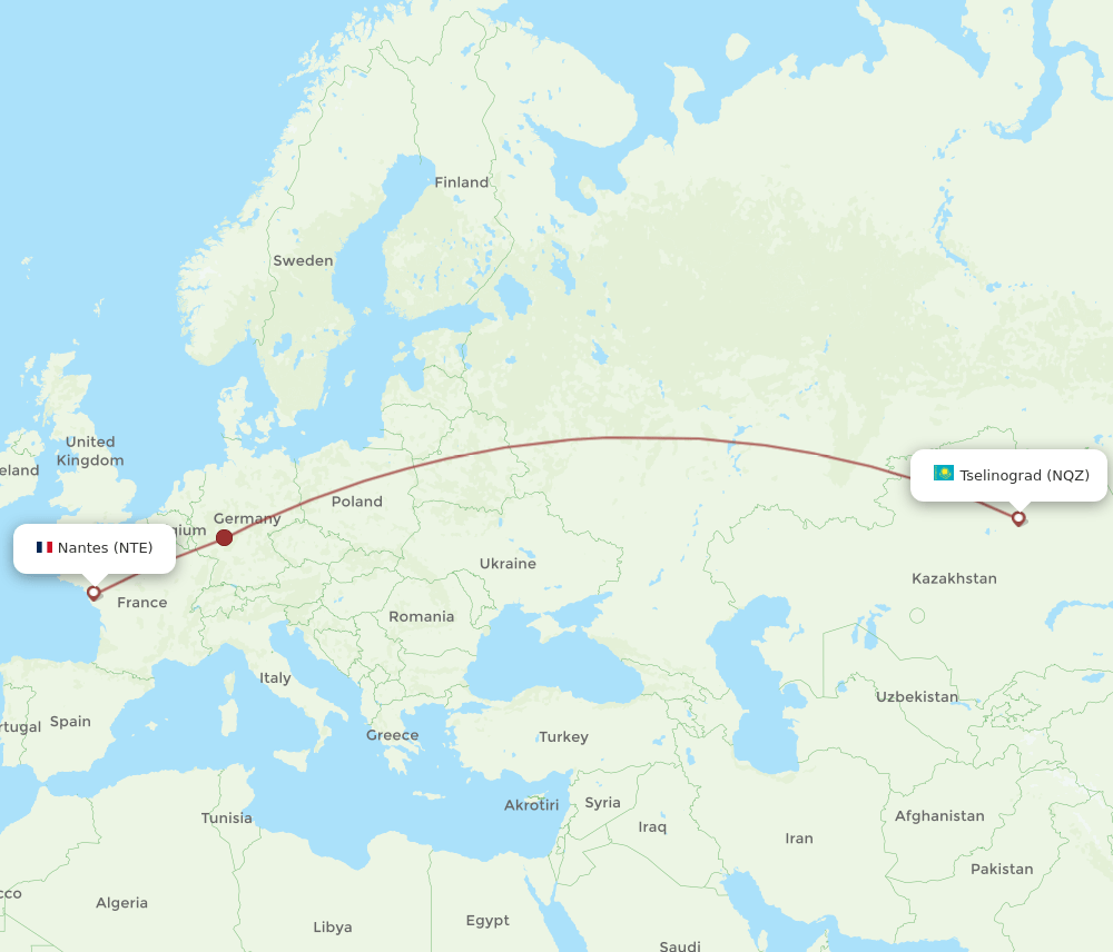 Nantes - Astana route map and flight paths