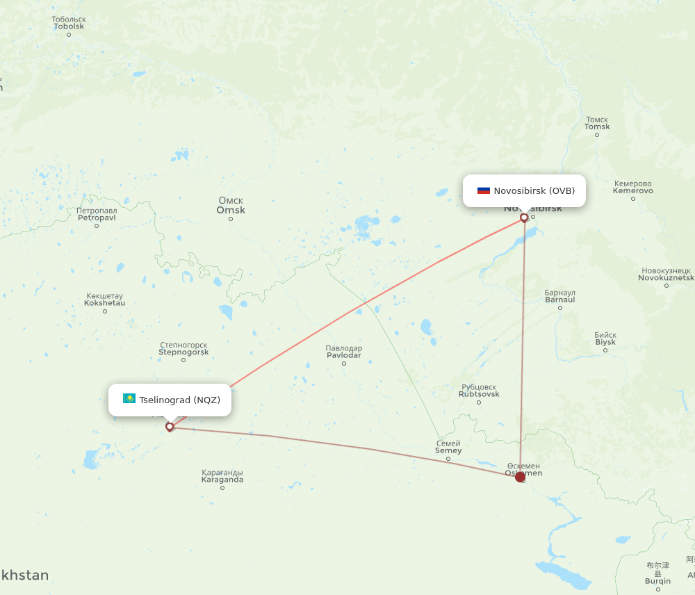 Novosibirsk - Astana route map and flight paths