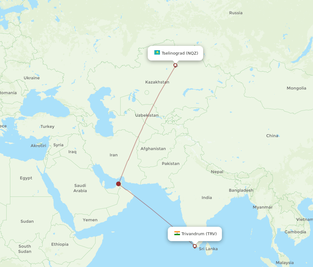 Thiruvananthapuram - Astana route map and flight paths