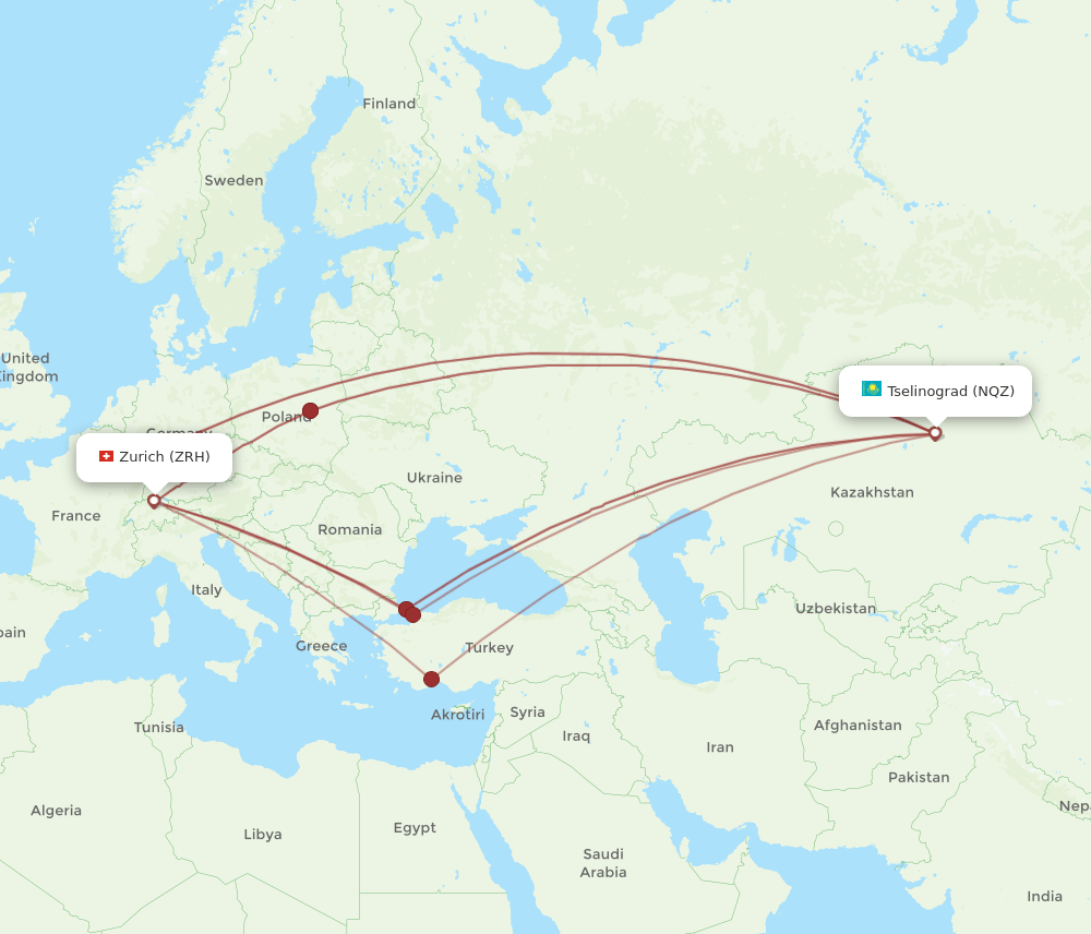 Zurich - Astana route map and flight paths