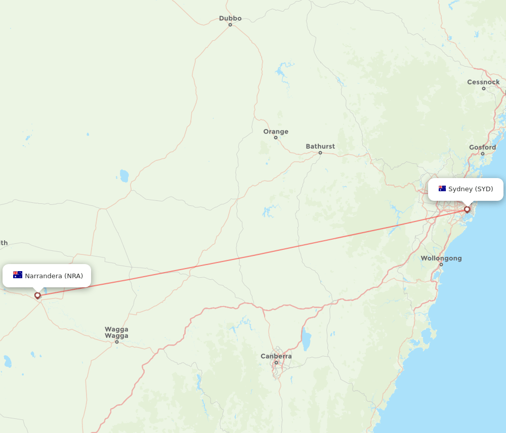 NRA to SYD flights and routes map