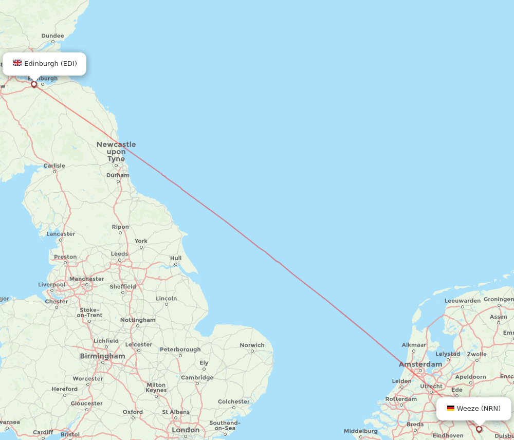 Dusseldorf - Edinburgh route map and flight paths