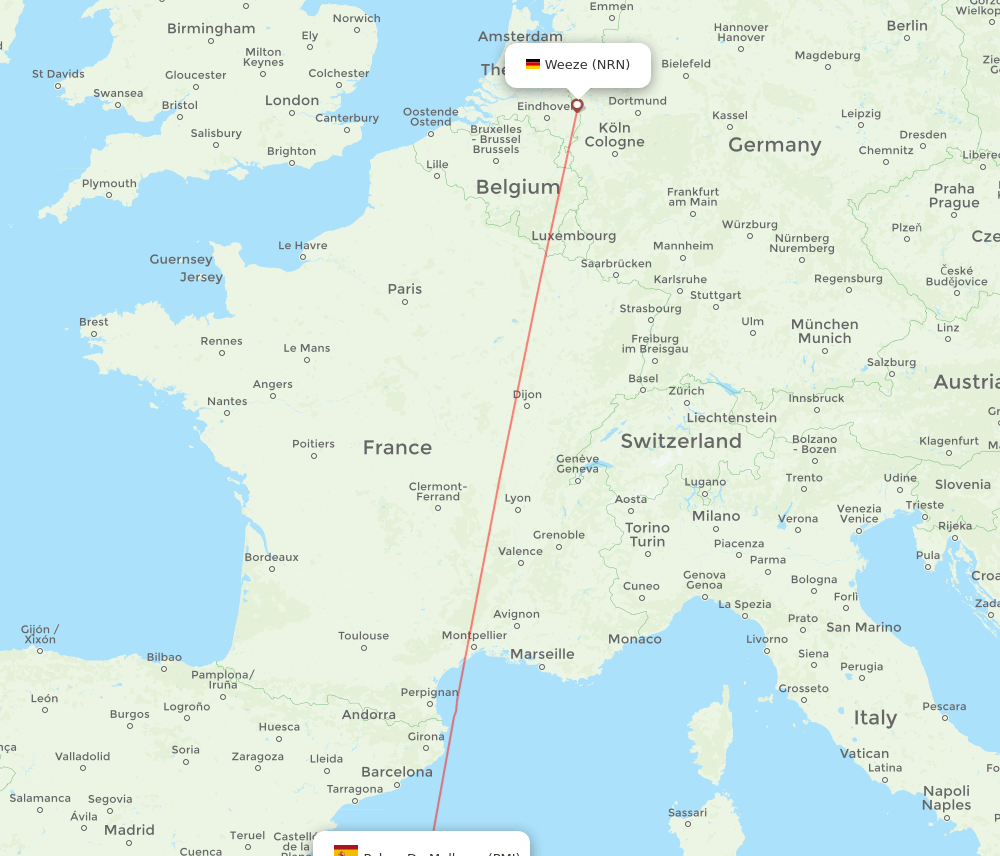 Dusseldorf - Palma de Mallorca route map and flight paths