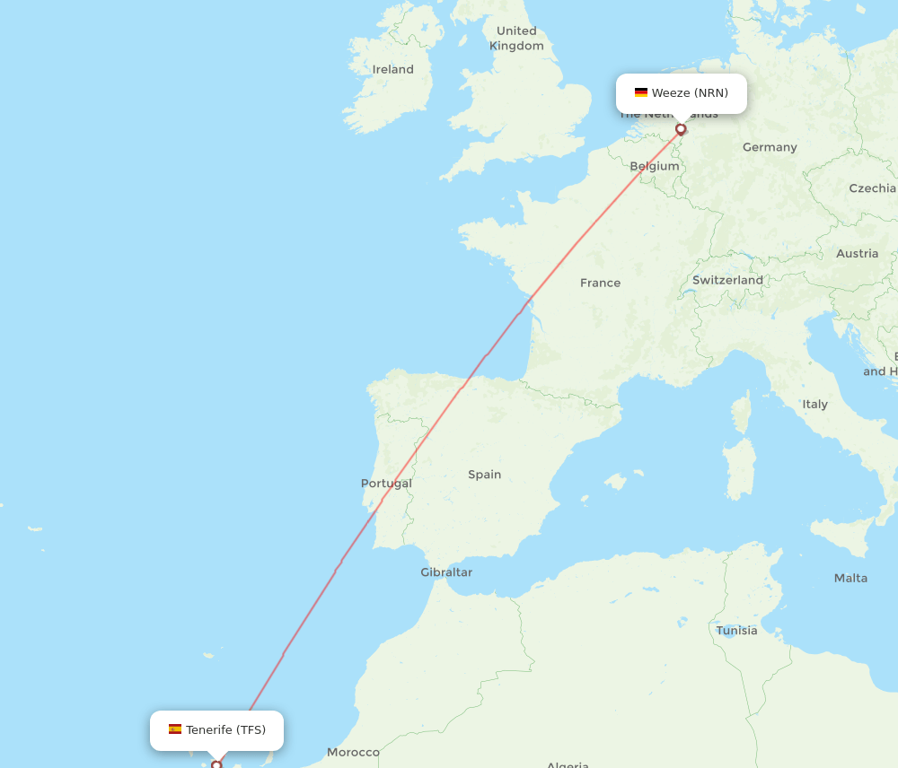 Dusseldorf - Tenerife route map and flight paths