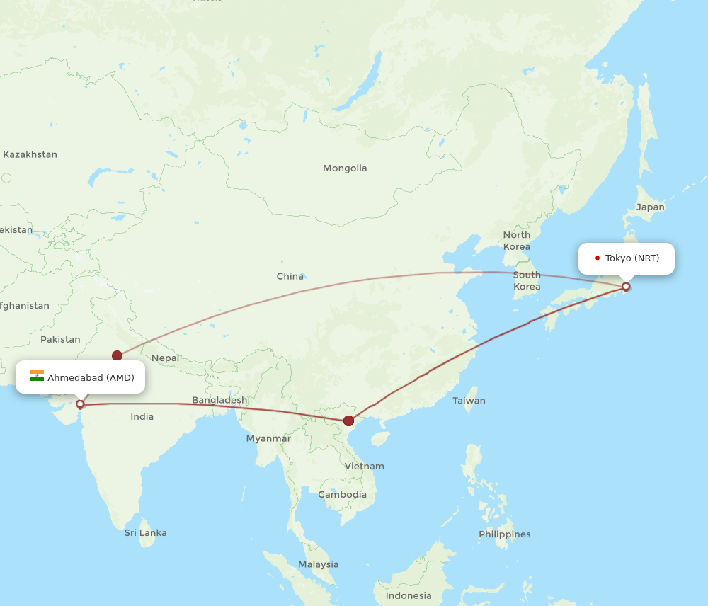 NRT to AMD flights and routes map