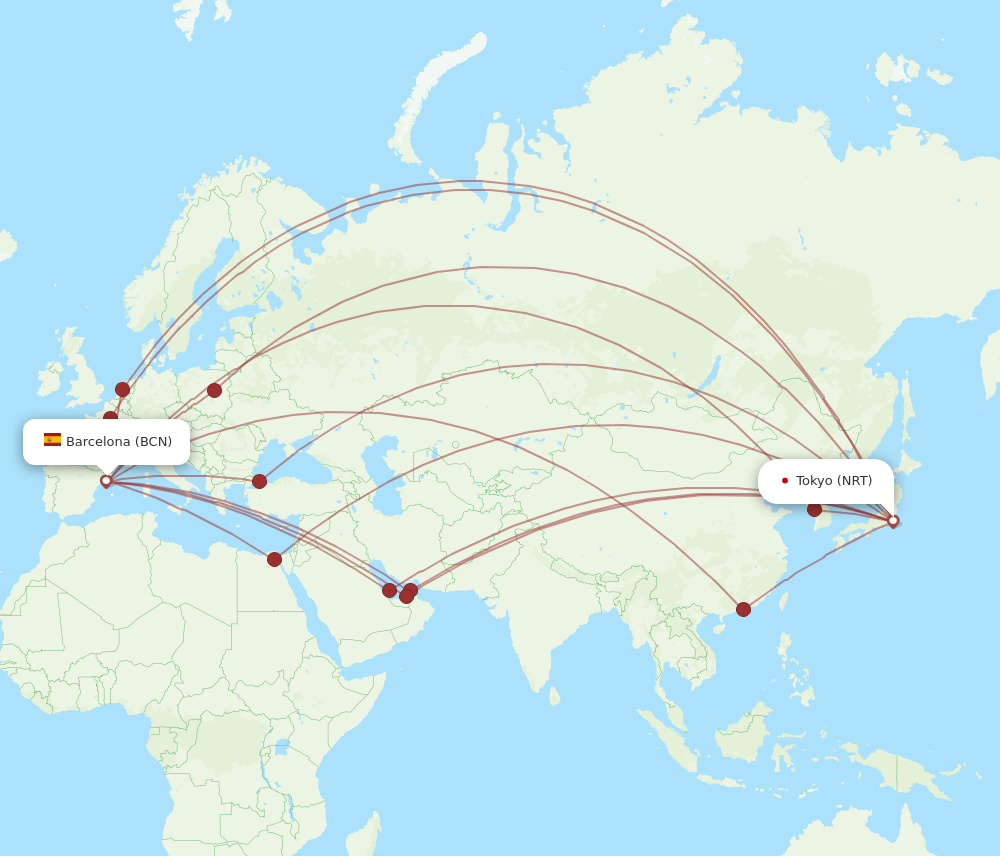 NRT to BCN flights and routes map