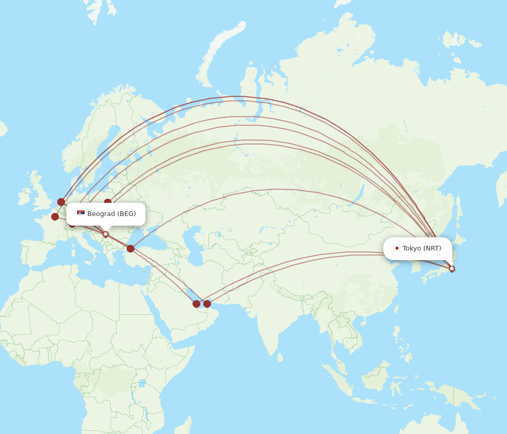 NRT to BEG flights and routes map