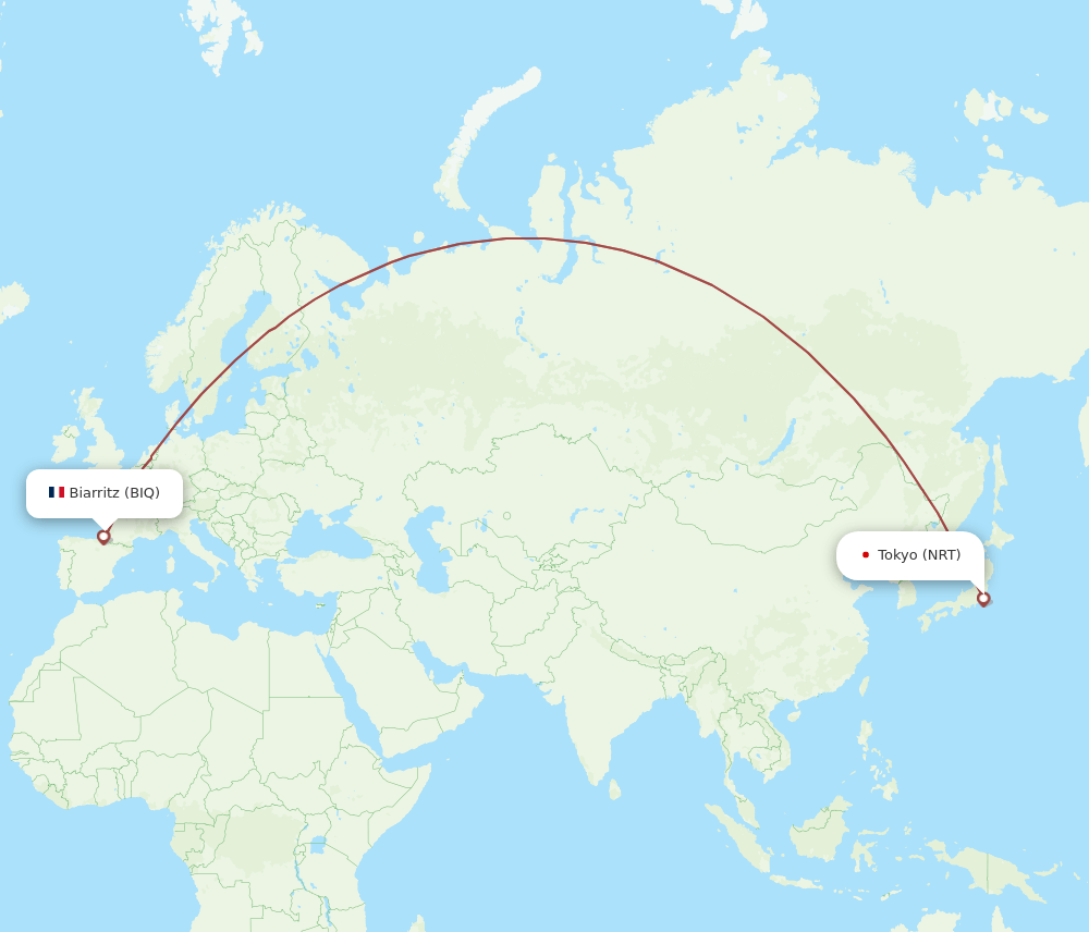 Tokyo - Biarritz route map and flight paths