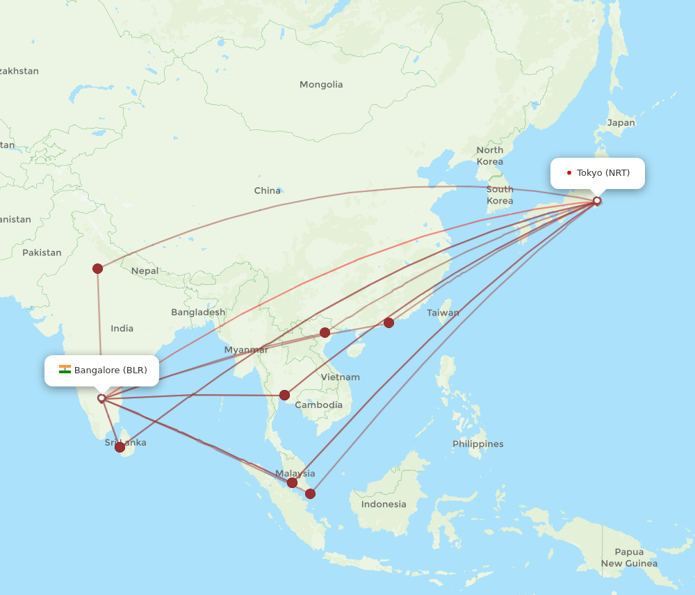 NRT to BLR flights and routes map