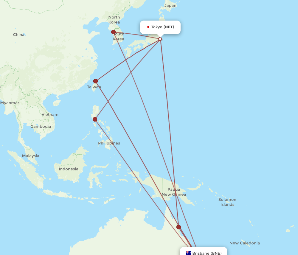 NRT to BNE flights and routes map