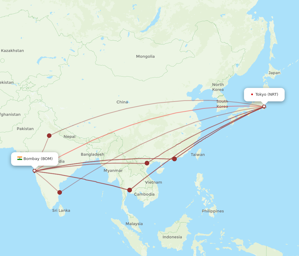 NRT to BOM flights and routes map