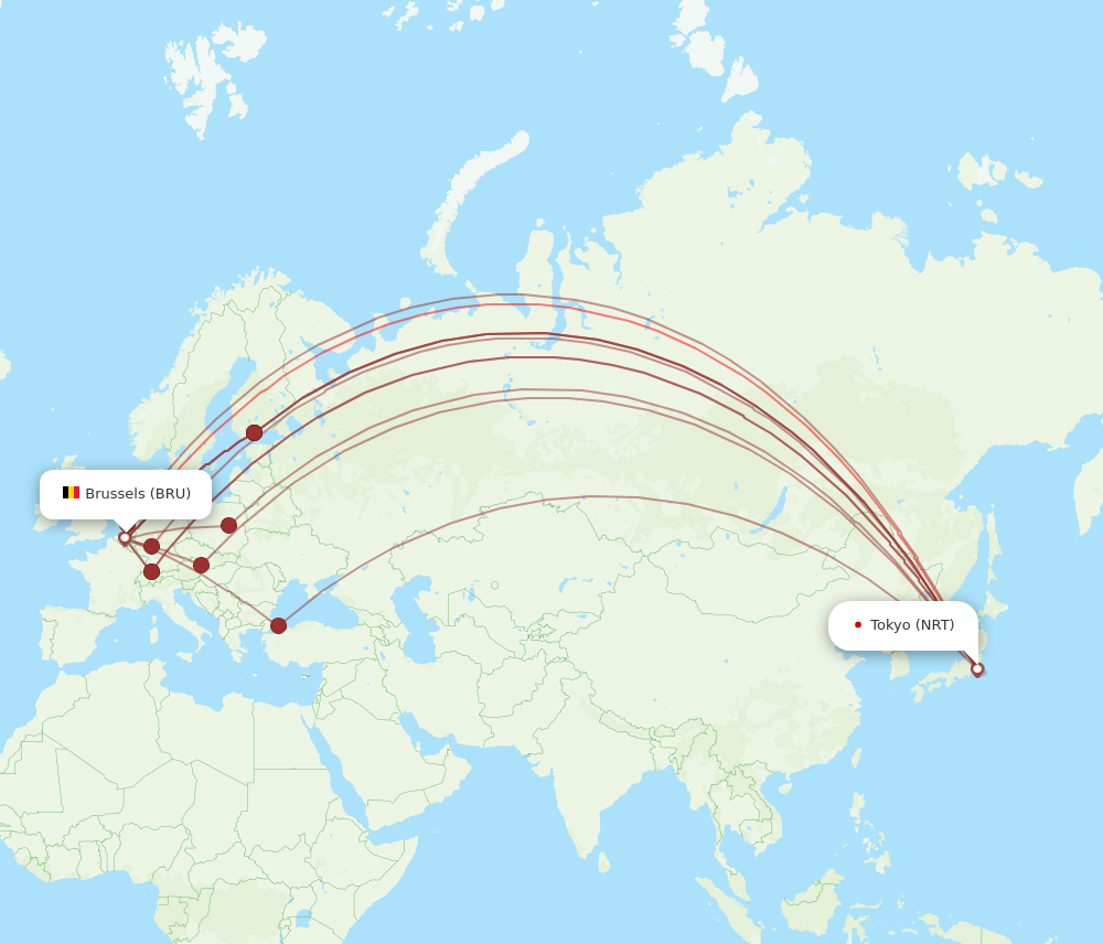 NRT to BRU flights and routes map