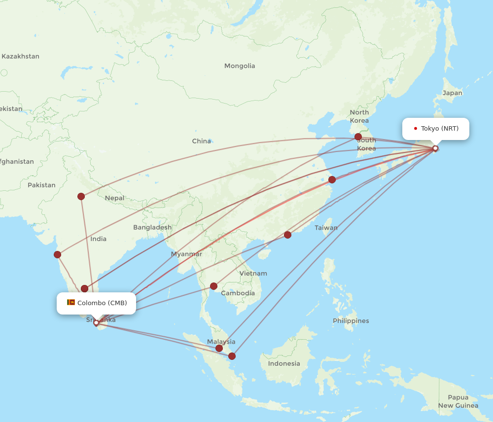 NRT to CMB flights and routes map