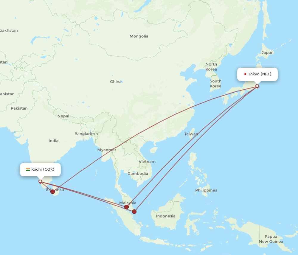 NRT to COK flights and routes map
